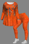Women Feather Print Two-Piece Set Crew Neck Long