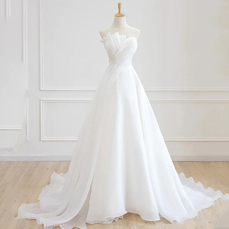 Luxury White Satin Chiffon Strapless Wedding Trailing Dresses