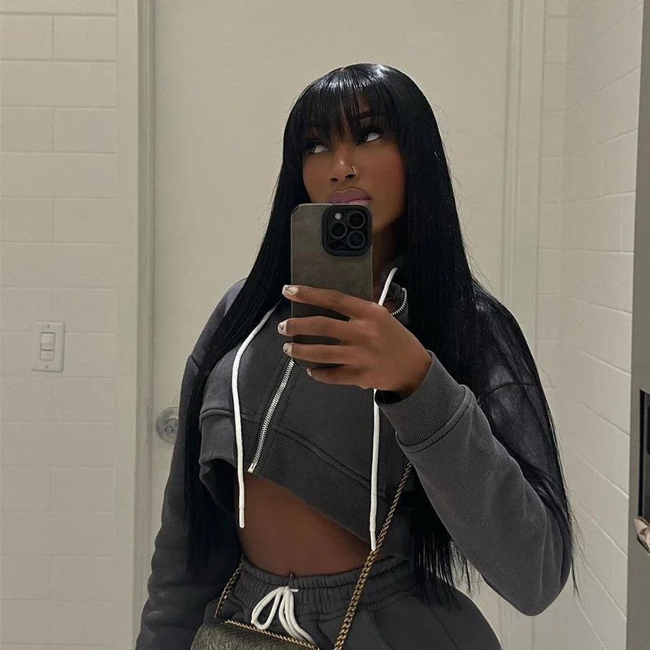 Straight Full Machine Made Bang Wigs Human Hair