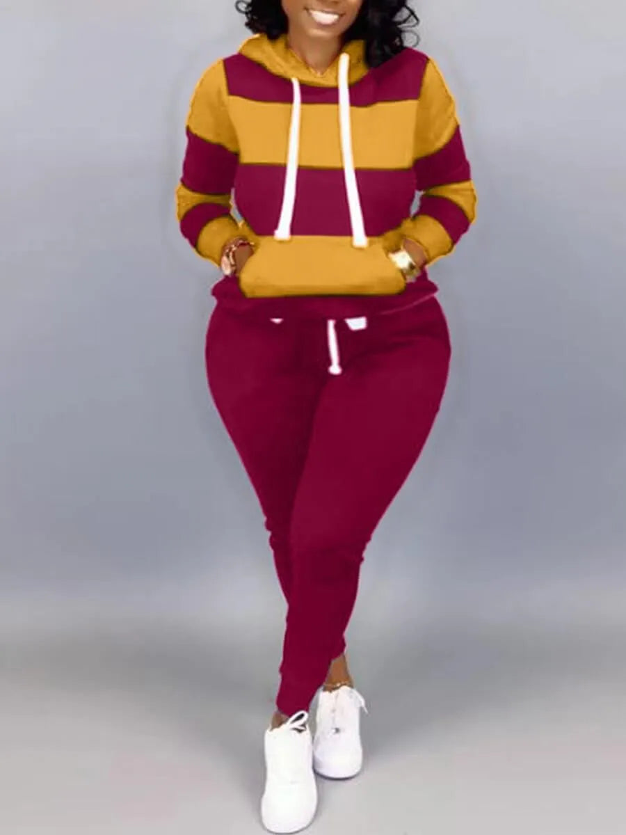 Lw Striped Drawstring Tracksuit Set Autumn Women Hoodie