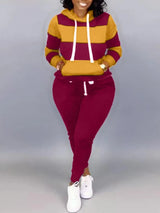 Lw Striped Drawstring Tracksuit Set Autumn Women Hoodie