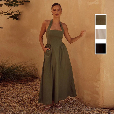 Pleated Halter Spaghetti Strap Dress Women Solid Backless