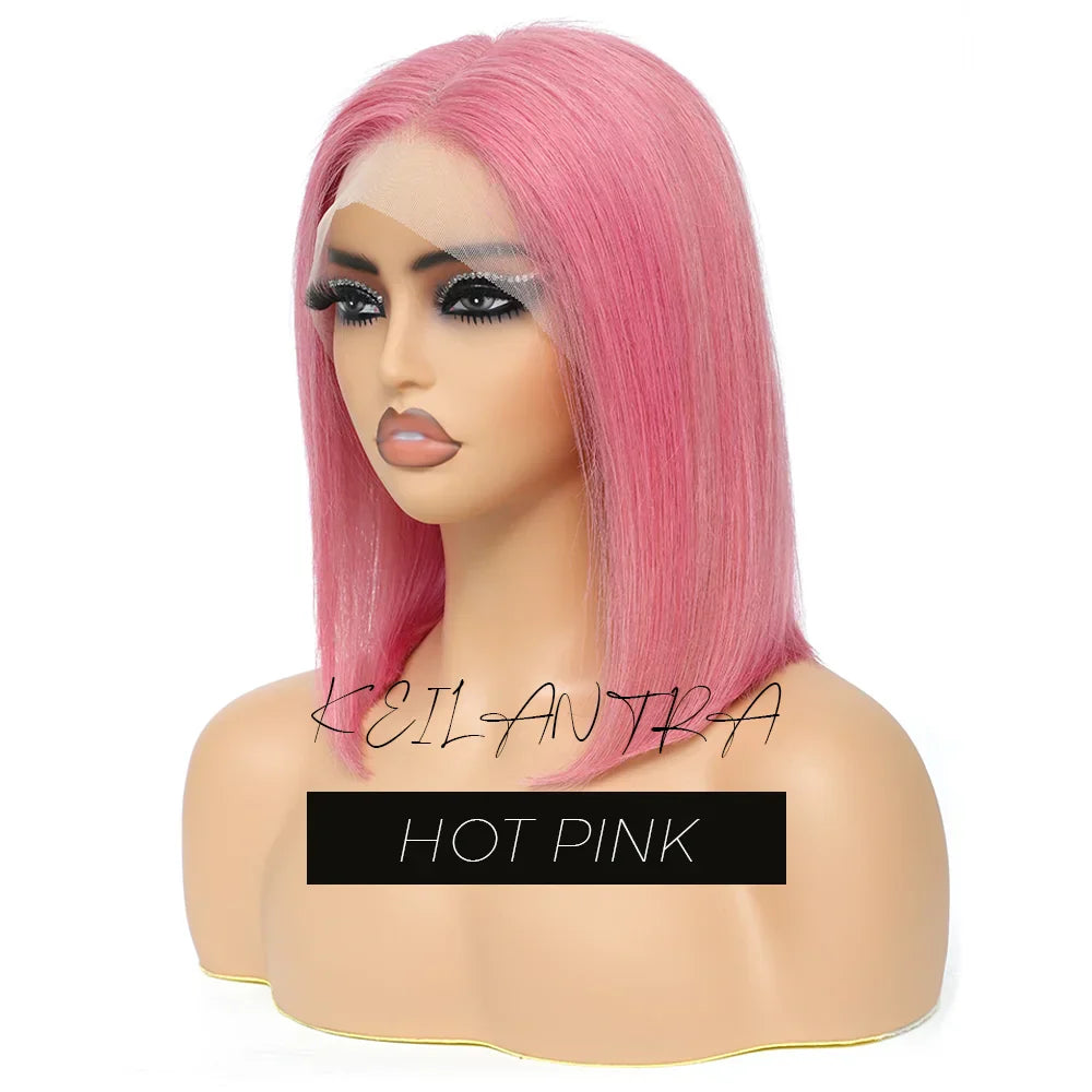 Rose Pink Short Colored Bob Human Hair Wigs