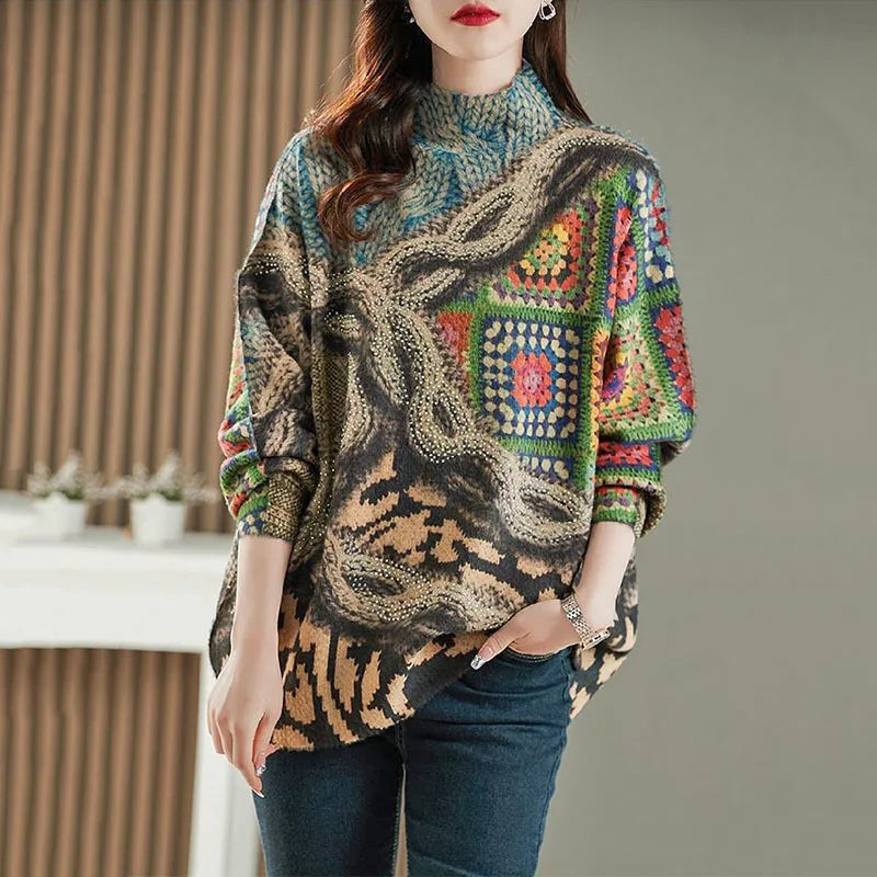 Winter Fashion Knitwear Women Luxury Loose Printed Diamond