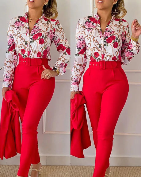 Elegant Print Shirt And Pants Two Piece Sets