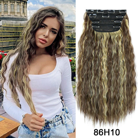 Set Synthetic Hair Clip In Long Wavy Thick