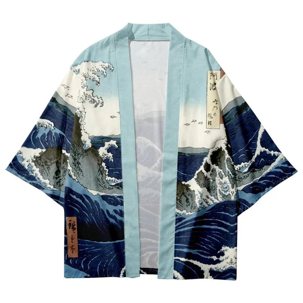 Vintage Japanese Style Waves Print Kimono Shirt Clothing