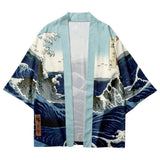 Vintage Japanese Style Waves Print Kimono Shirt Clothing