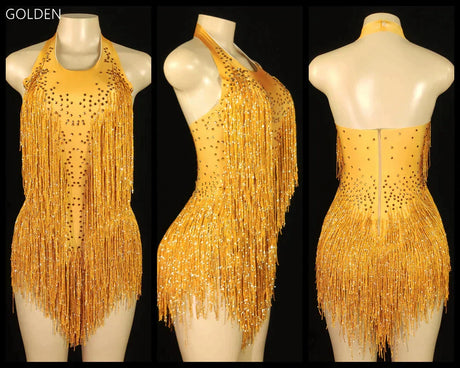 Sparkly Crystals Fringes Bodysuit Sexy Tassel Leotard Jazz