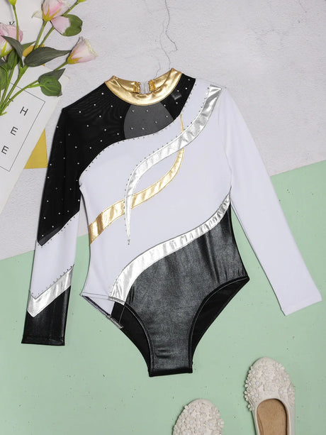 Kids Girls Gymnastics Leotards Bronzing Long Sleeve Leotards