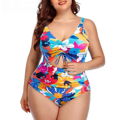 One Piece Floral Printed Women Swimsuits Cutout Tummy