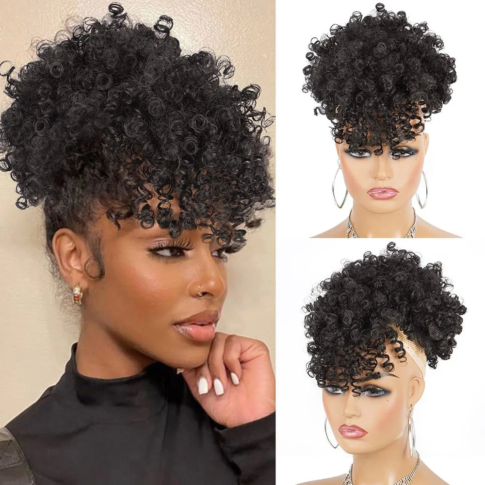 Afro Puff Drawstring Ponytail With Bangs Pineapple Updo