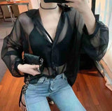 Lantern Sleeve Shirt Bubble Sleeve Perspective Mesh Mask