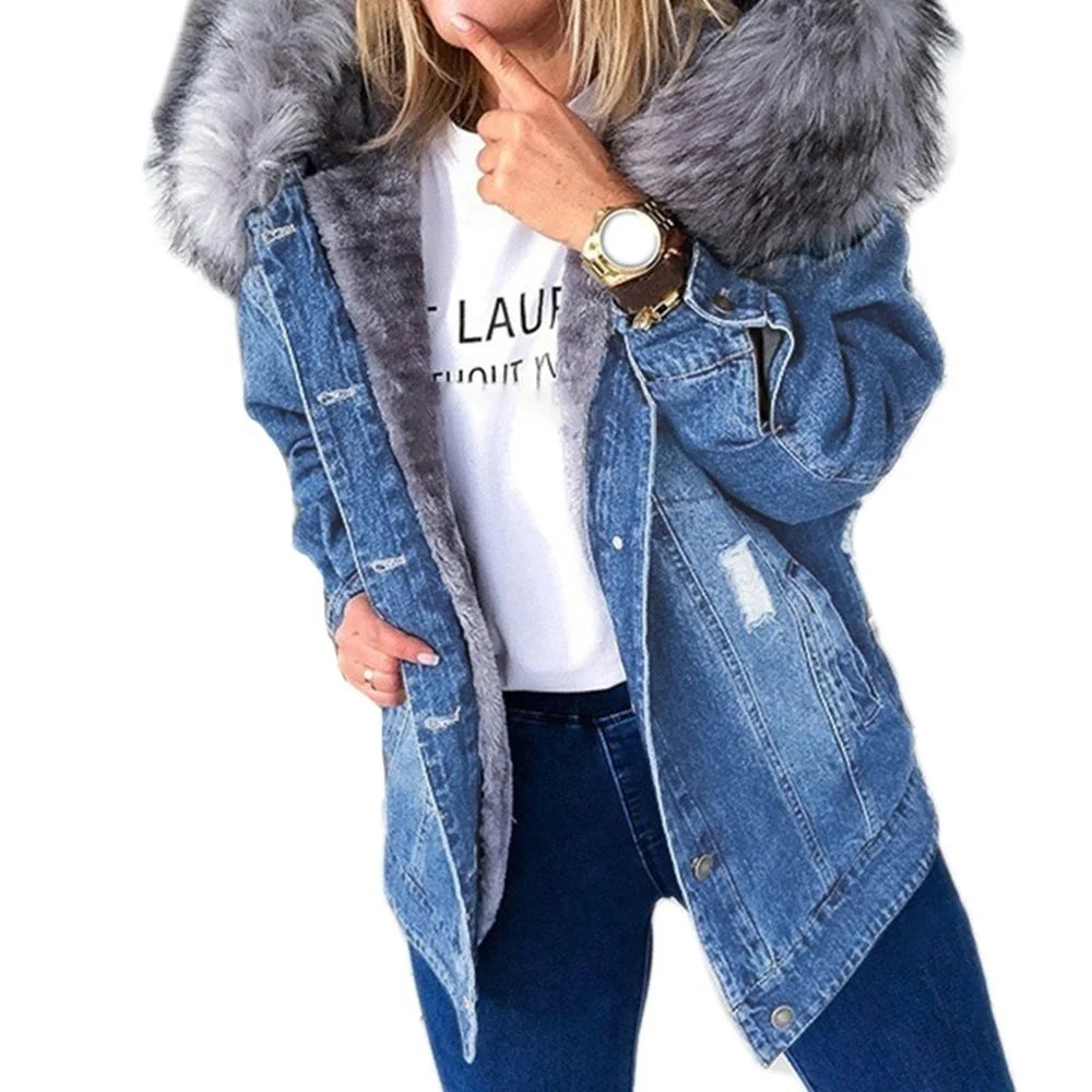 Women Winter Warm Fluffy Collar Hooded Denim Jacket