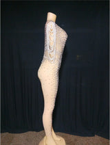 See Through Jumpsuits Women Pearl Rhinestone Gogo Dancer