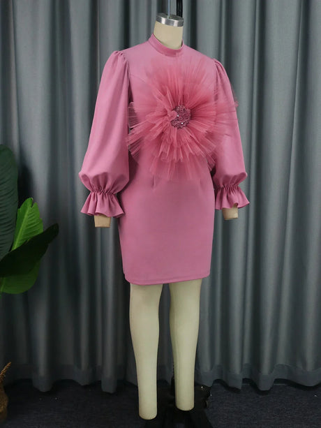 Women' Pink Mini Dress With Big Rose Flower