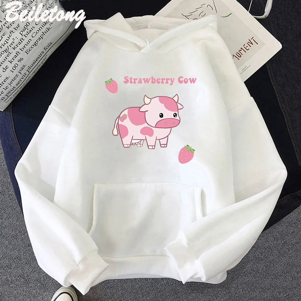 Cow And Strawberry Kawaii Women Hoodies Casual Pullover