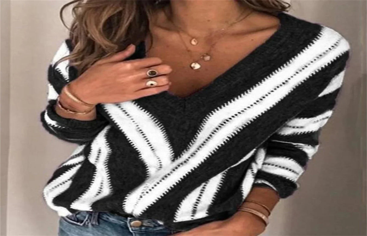 Fashion V Neck Striped Knitted Women Sweater Oversized