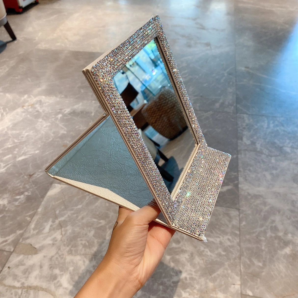 Diamond-Encrusted HD Folding Mirror with Glitter Powder Leather