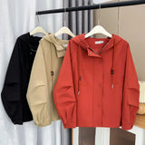 Washed Cotton Solid Color Zipper Hooded Jacket Womens