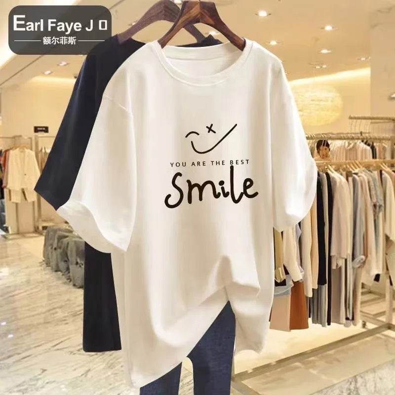 Summer Cotton T-Shirt Ladies Soft O-Neck Letter Print