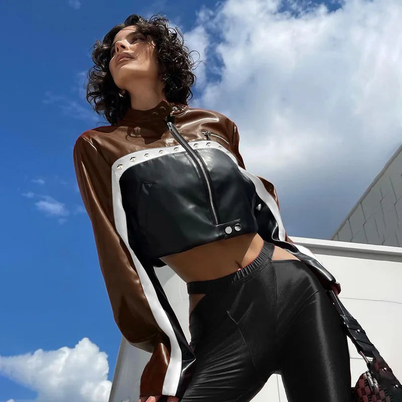 Koxinves Punk Motorcycle Style Women'S Coat Spring Rivet