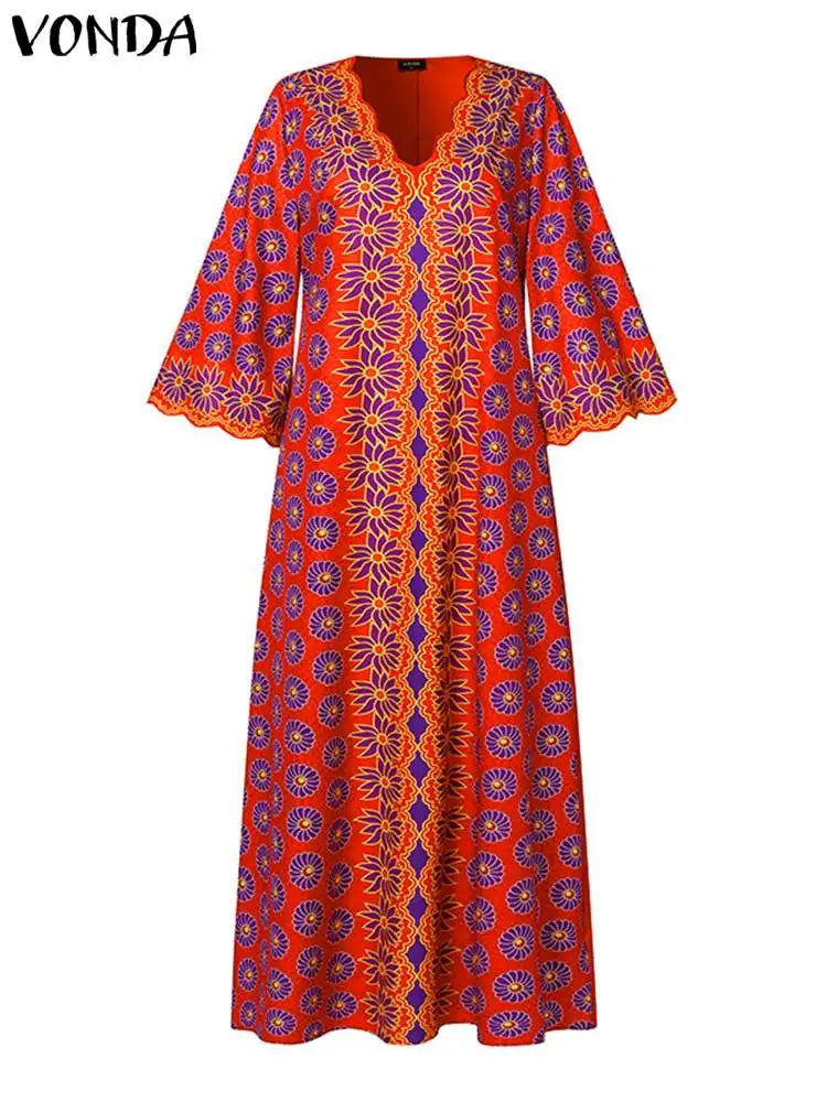 5Xl Vonda Bohemian Women Long Dress Vintage Printed