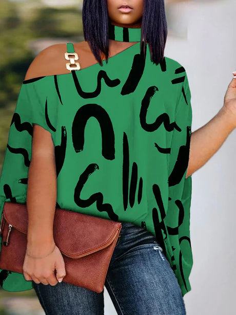 Elegant Top, Women' Plus Graffiti Print Asymmetrical Shoulder