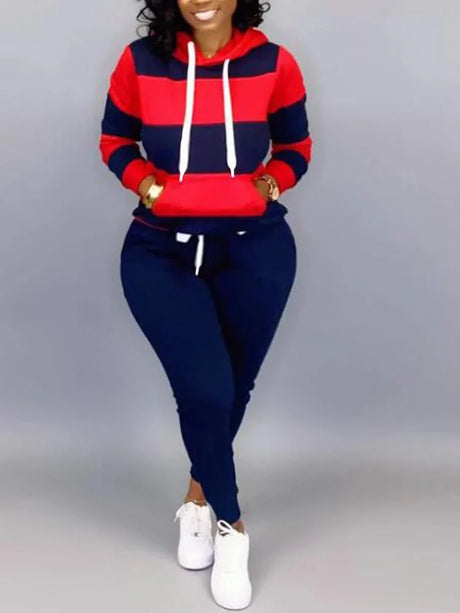 Lw Striped Drawstring Tracksuit Set Autumn Women Hoodie