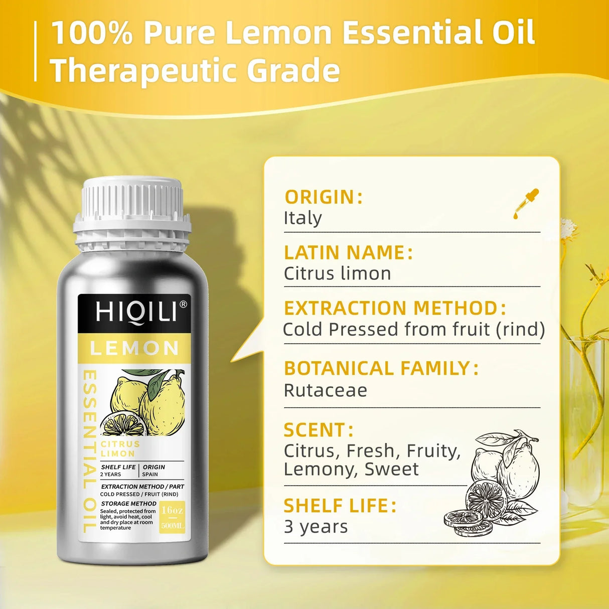 HIQILI 500ML Pure Lemon Essential Oil for Aromatherapy & Massage