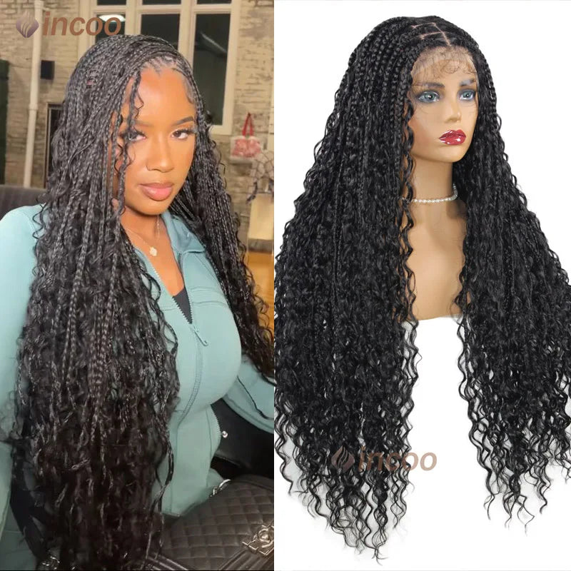 Full Lace Frontal Boho Braided Wigs Wave Curly