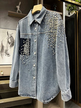 Ieqj Diamonds Patchwork Denim Jackets For Women Lapel