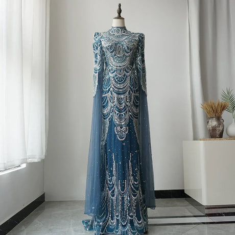 Hot Sale Arabic Blue Mermaid Lace Beaded Formal