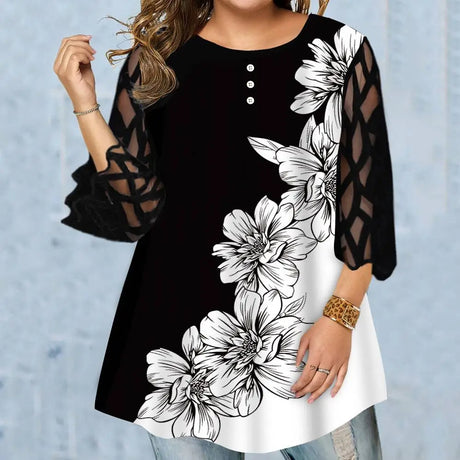 Plus Size Floral Mesh Tunic Top for Women