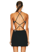 Women Summer Fashion Sexy Backless Pearl Crystal Black