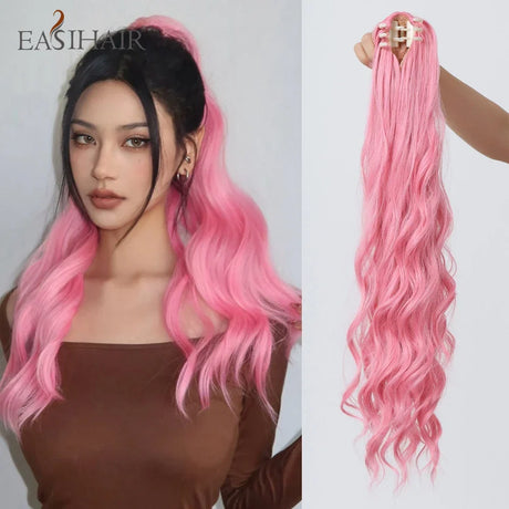 Synthetic Ponytail Pink Long Wavy Claw Clip Ponytail