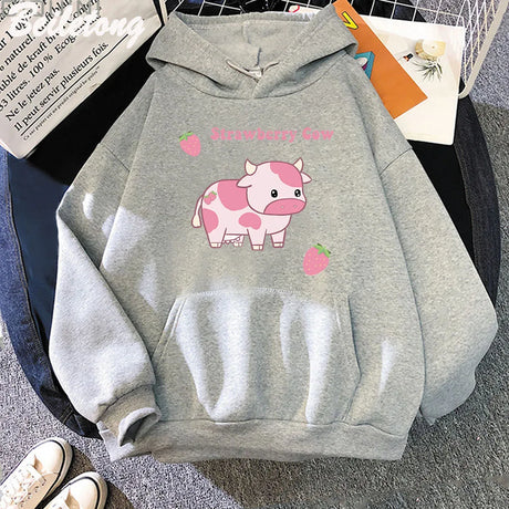 Cow And Strawberry Kawaii Women Hoodies Casual Pullover