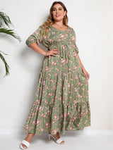 Floral Print Half Sleeve Split Hem Maxi V