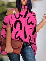 Elegant Top, Women' Plus Graffiti Print Asymmetrical Shoulder