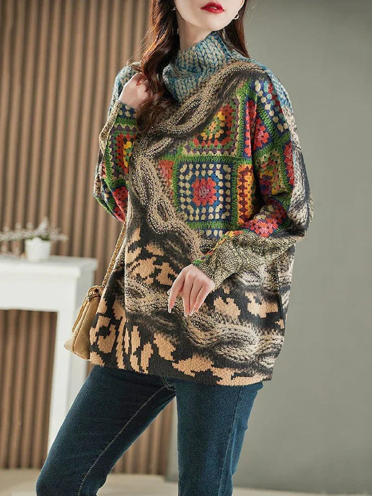 Winter Fashion Knitwear Women Luxury Loose Printed Diamond
