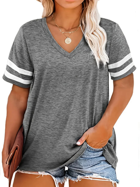 Colorblock V Neck T-Shirt, Women' Plus Slight Stretch