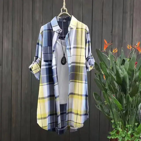 Cotton Mid Length Plaid Print Women Autumn Shirts