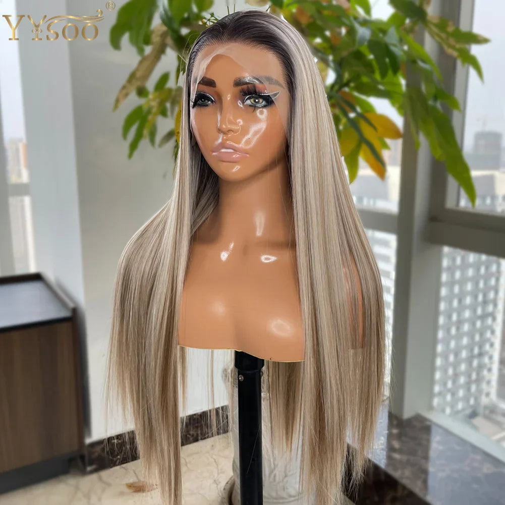 Yysoo Long Silky Straight Ombre Highlights Synthetic Wig