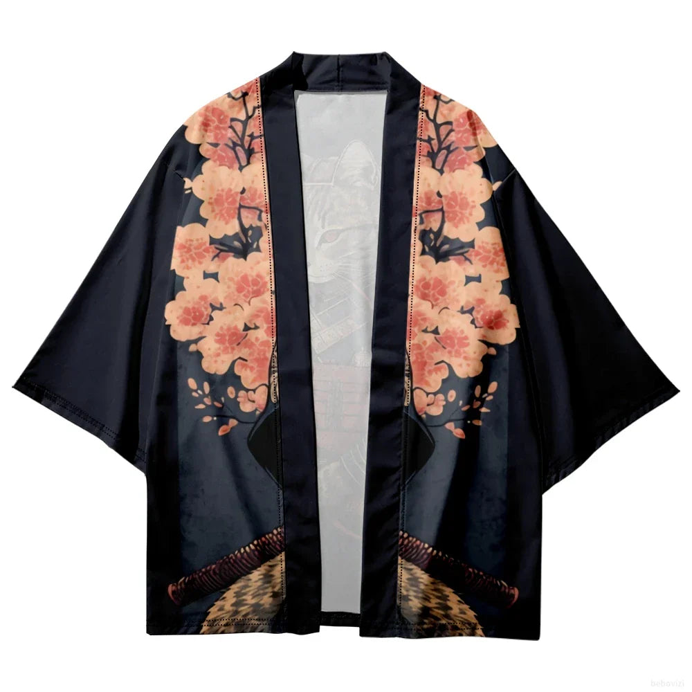 Japanese Sakura Cat Samurai Print Kimono Streetwear Men