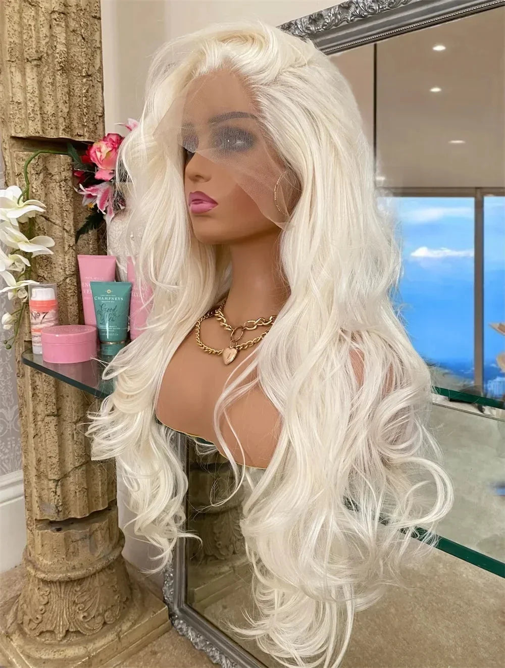 Mxwigs Body Wave Platinum Blonde Synthetic Lace Front