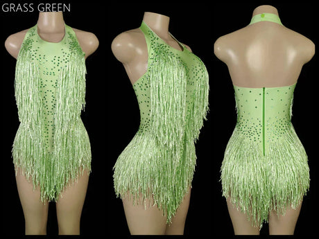 Sparkly Crystals Fringes Bodysuit Sexy Tassel Leotard Jazz