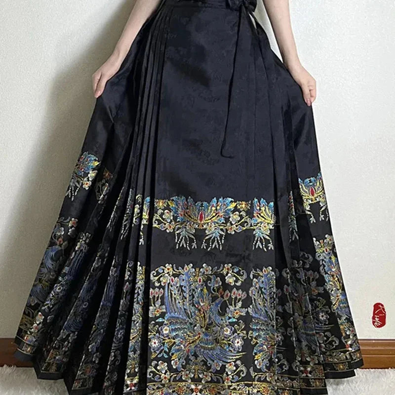 Chinese Style Traditional Pleated Skirt For Women Black