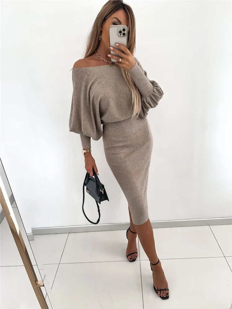 Women Autumn Winter Knitted Party Midi Dress Solid