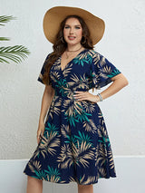Floral Print Wrapped V-Neck Women Dresses Short Ruffle