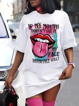 Lips Print Mini Tee Dress, Short Sleeve Crew